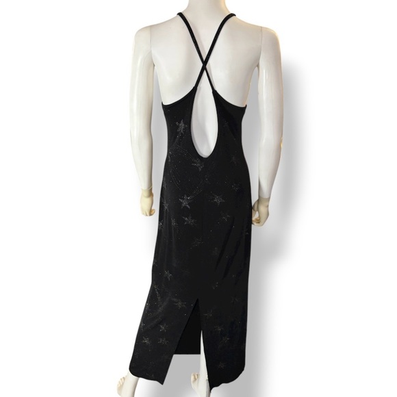 VINTAGE 90’s JUMP Black Glitter Star Print Crisscross Open Back Maxi Dress 9 10 - Picture 6 of 9